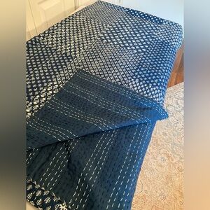 Handmade Twin Size Indigo Blue and White Kantha Quilt, Unused Like New